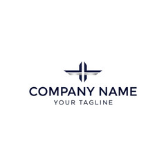 Modern abstract logo design featuring a stylized dark blue cross or 'H' shape with wings, accompanied by placeholder text 'COMPANY NAME' and 'YOUR TAGLINE' o...