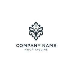 Elegant symmetrical floral logo design with stylized flourishes and text elements on white background.
