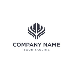 A stylized logo design featuring an abstract, symmetrical shape with a modern aesthetic.