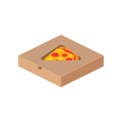 A delicious slice of pepperoni pizza displayed in an open cardboard pizza box, emphasizing the appetizing look