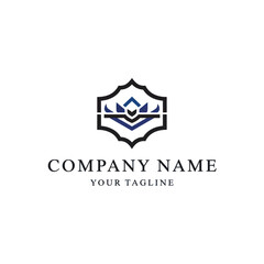 Elegant emblem logo design featuring a stylized geometric shape with a crown-like element and company details.