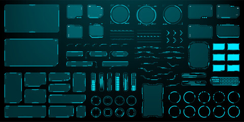 Collection of futuristic holographic user interface elements. Hud vector graphics set for game design, virtual reality, and augmented reality projects.
