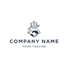 A business logo featuring a handshake, upward trending graph, and people icons.