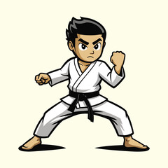 Cartoon Vector Illustration of a Young Boy in a Karate Gi with a Black Belt in a Determined Fighting Stance