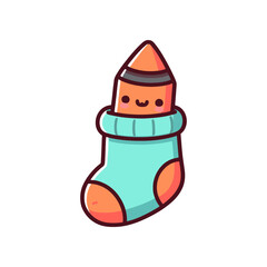 A cheerful cartoon pencil wearing a cozy sock, set against a simple white background, ideal for children's art themes