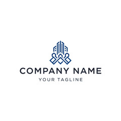 A modern logo design featuring a blue line art cityscape of skyscrapers rising from a geometric, crown-like base, with placeholder text for a company name.