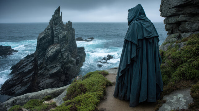 Hooded figure cloak coastal cliff stormy sea rocky shore dramatic sky medieval style lone traveler ocean waves rugged landscape moody scene. Hooded figure cloak near coastal cliff by stormy sea