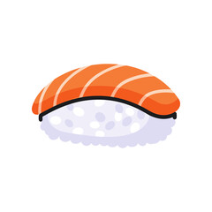 A colorful sushi piece featuring salmon on rice, set against a clean white background
