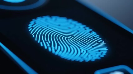 Futuristic biometric fingerprint scanner glowing with blue light for secure digital access - Powered by Adobe