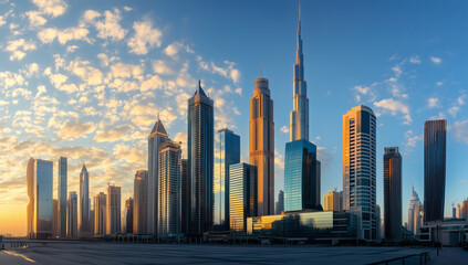 Fototapeta premium Sunlit skyscrapers rise above dense downtown, blue hour sky and glass shine, perfect city background.