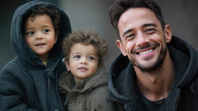 Collage showcasing joyful fathers bonding with their sons during an outdoor moment filled with love and warmth on a chilly day