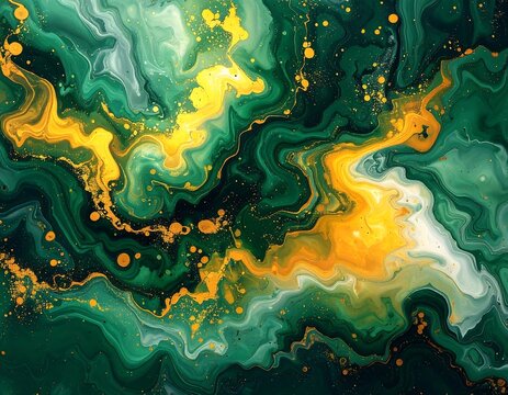 Abstract fluid art with swirling greens, yellows, and whites