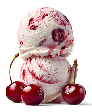 Ultra realistic studio photo of two scoops of Amarena cherry ice cream stacked on each other, creamy pale vanilla-pink color with natural red cherry swirls
