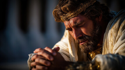 David collapses on his knees in the palace chamber, mourning Absalom&rsquo;s death, robes torn, face in hands, crown fallen, as sunset casts long shadows, capturing grief and royal despair.
