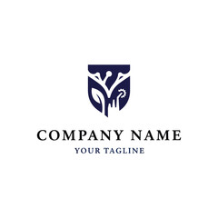 A dark blue shield logo integrating natural plant elements with technological gears and circuit patterns, representing growth and innovation for a company.