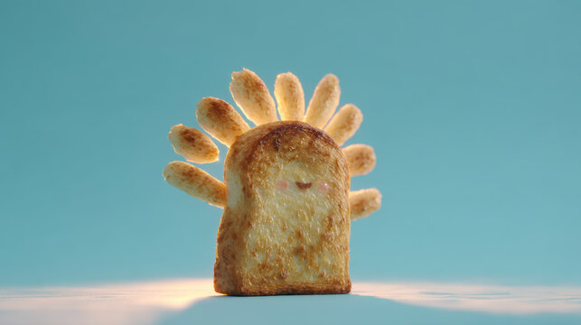 Cute toast happy face golden crust soft bread blue background whimsical breakfast bakery minimal sunny mood slice of toasted bread with smiling face and radiating bread sticks forms playful sun