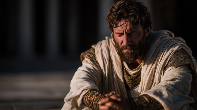 David collapses on his knees in the palace chamber, mourning Absalom&rsquo;s death, robes torn, face in hands, crown fallen, as sunset casts long shadows, capturing grief and royal despair.
