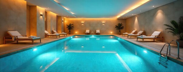 Pristine Indoor Swimming Pool Sparkling Water, Underwater Lighting, Perfect for Relaxation, Fitness, and Aquatic Therapy