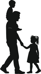 PrintSilhouette of Father Holding Daughter’s Hand and Carrying Son on Shoulders, Walking Together Family Bonding Vector Illustration on White