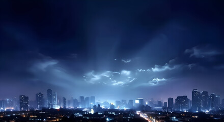 Fototapeta premium City skyline at night with dramatic light rays