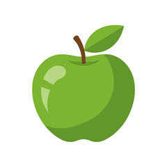 A shiny green apple with a leaf resting on a white background, symbolizing freshness and health