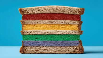 Fototapeta premium Rainbow layered sandwich with multicolor sliced filling and textured whole grain bread creating playful surreal food concept and whimsical vibrant mood