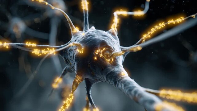 Illustrative animation of neural network connections depicting neuron activities and signal transmission in a digital environment