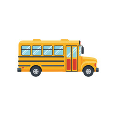 A vibrant yellow school bus parked on a city street with children playing in the background