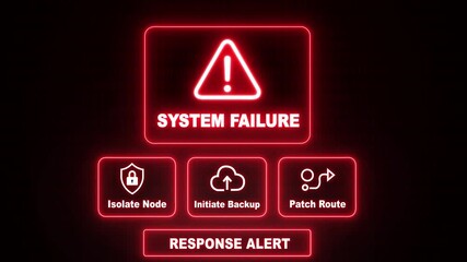 System Failure response notification on digital interface in data center server room with isolate node initiate backup patch route options. glowing neon lights cybersecurity hacking Warning - Powered by Adobe