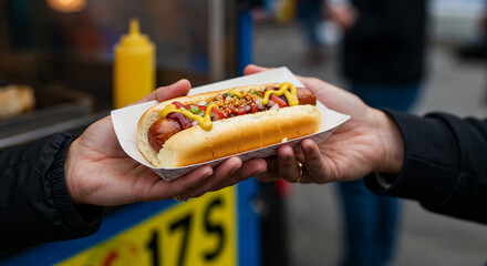 Hot dog handed to customer at lively street food stand