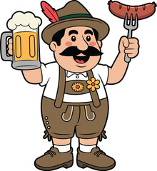 Happy Bavarian man holding beer mug and sausage on fork, traditional Oktoberfest outfit, celebration, festival, party, food, drink, German culture, cheerful, fun, festive, mustache, costume