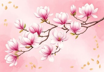 Fototapeta premium Delicate pink magnolia blossoms branch gentle soft bokeh background spring floral beauty illustration