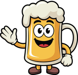 Happy cartoon beer mug waving, cheerful character with frothy head, smiling glass of beer, fun mascot, celebration, party, beverage, alcohol, Oktoberfest, friendly, festive, drink icon