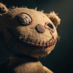 Primer plano inquietante de un muñeco de trapo con una sonrisa cosida.