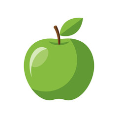 A vibrant green apple with a glossy surface and a small leaf, symbolizing freshness and health