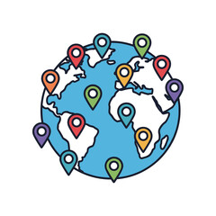 Colorful map with location pins highlighting various global destinations and landmarks