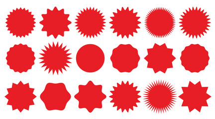 Red Badge Shapes Collection | Red Circle Sticker Set with Wavy Edge Badges | Blank Vintage Sale Labels Vector Illustration