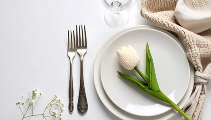 Elegant white table setting with a tulip centerpiece