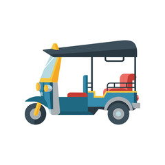 Colorful tuk-tuk parked on a street, showcasing urban life with pedestrians in the background