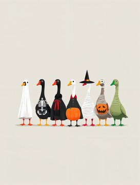 Una hilera de gansos vestidos con disfraces de Halloween.