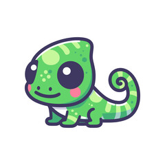 Cute cartoon chameleon character sitting happily, surrounded by vibrant jungle foliage