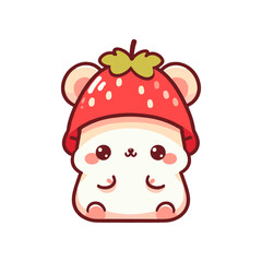 Cute cartoon character of a bear wearing a strawberry hat, set against a simple white background