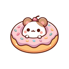 Cute cartoon character resembling a mouse peeking out from a pink frosted donut with sprinkles