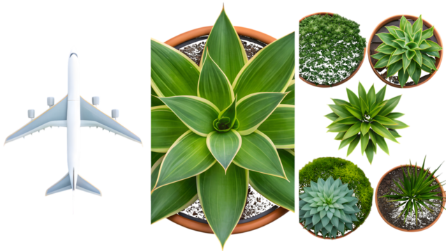 Airplane and potted plants on white background