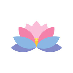 A vibrant lotus flower illustration with soft pink and blue petals against a white background, symbolizing tranquility