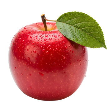 A single, ripe, red apple with water droplets and a fresh green leaf, isolated on a white background, symbolizing healthy eating and nature's bounty