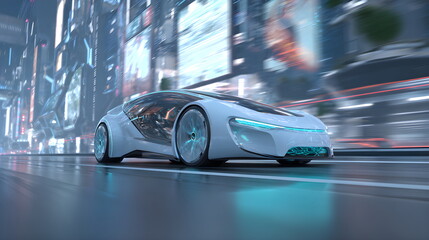 Fototapeta premium Futuristic self-driving electric car in vibrant eco-friendly city with holograms