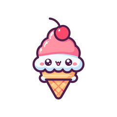 Cute cartoon ice cream cone with a cherry on top, smiling against a white background