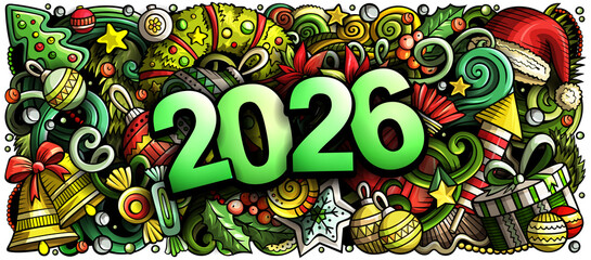 Festive illustration with 2026 surrounded by Christmas decorations, gifts, candles, holly, candy canes, and ornaments
