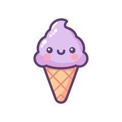 Cute cartoon ice cream cone with smiling face and purple swirl, isolated on white background
